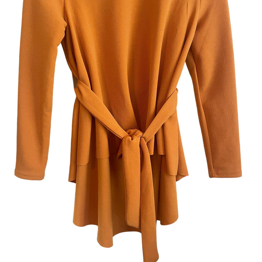 Shein Top Women Size 6 Orange Crew Neck Long Sleeve Tiered Belted Pullover - Picture 8 of 11